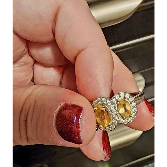 Citrine Halo Ring Size 8/Citrine Three Stone Ring/Oval Cut/ White Topaz Halo - Picture 4 of 6